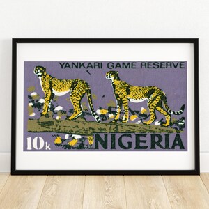Zwei Geparden - Vintage Nigeria Kunst - Briefmarke Druck - Ästhetische Wandkunst - Briefmarke Wand Poster - Vintage Afrikanische Kunst