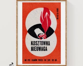 Red Flame and Matchstick Matchbox Art Print, Polish Vintage Modernist Decor (Office Decor)
