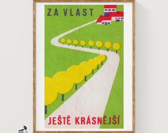 Countryside Road Matchbox Art Print, Czech Vintage Mid Century (Nostalgic Decor)