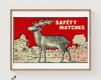 Konsttryck med hjort som dricksvatten, tändsticksask, japansk vintage folkkonst (nostalgisk dekor)