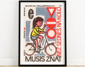 Girl on Bike - Czech Vintage A4 Matchbox Poster, Matchbox Print, Art Print, Wall Decor, Wall Art, Travel Poster