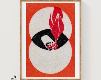 Abstracte vlam Matchbox Art Print, Tsjechoslowaakse vintage constructivist (rood decor)
