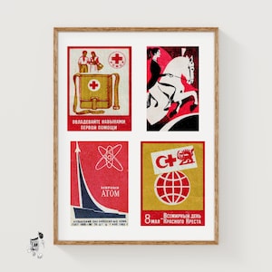 Red Russian Matchbox Labels Grid Print, Vintage Ephemera Poster, Soviet-Era Collection, Midcentury Style, crimson wall art