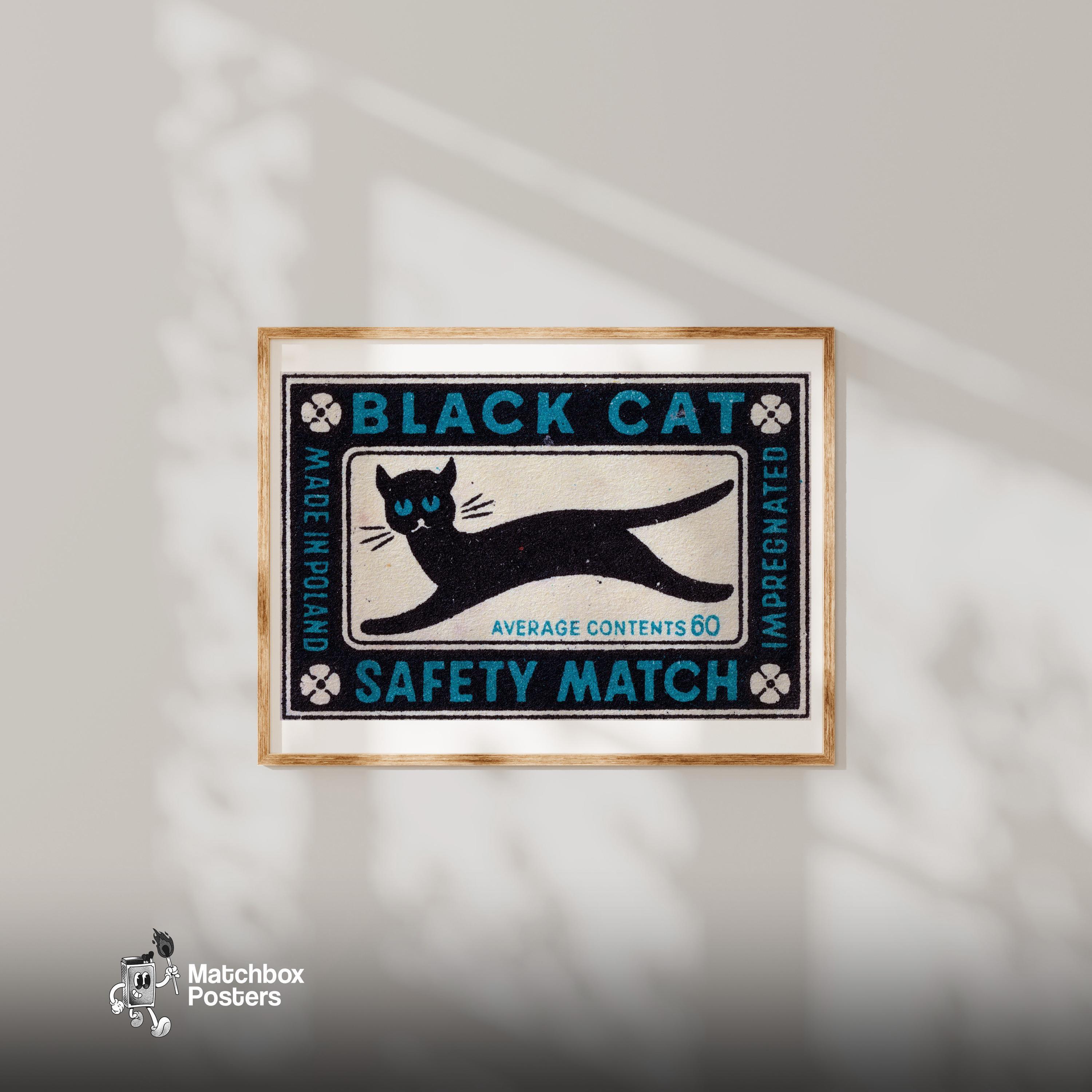 Black Cat - Matchbox Print - Czech Wall Art - Vintage Czech Art