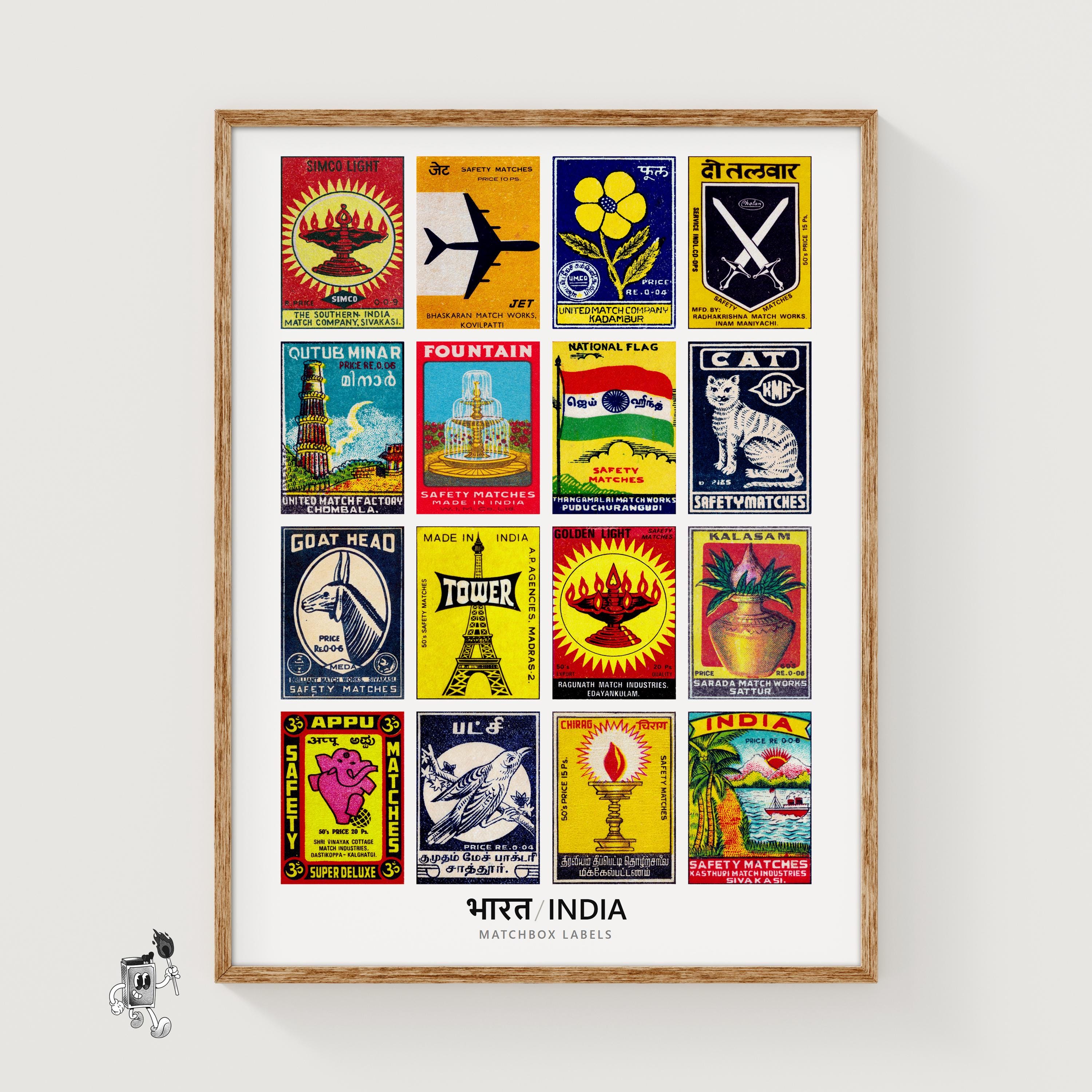 Indian Matchbox Labels Grid Print, Vintage Ephemera Poster, South