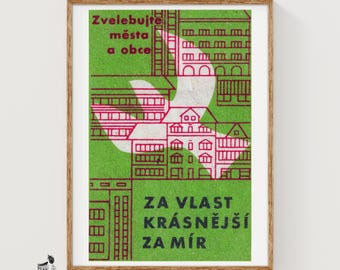 Peace for Wunderschöne Städte - Streichholzschachtel Druck - Tschechische Wand Kunst - Vintage Tschechische Kunst - Streichholzschachtel Wand Poster - Vintage Poster Druck