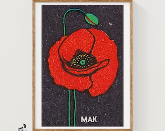 Red Poppy Matchbox Art Print, Hungarian Vintage Folk Art (Floral Decor)