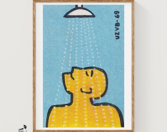 Man Under Shower - Czech Vintage Matchbox Poster, Matchbox Print, Art Print, Bathroom Decor, Wall Art, Bathroom Poster
