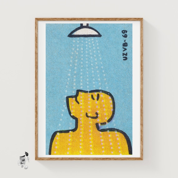 Man Under Shower - Czech Vintage Matchbox Poster, Matchbox Print, Art Print, Bathroom Decor, Wall Art, Bathroom Poster