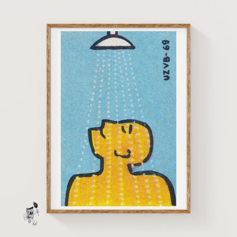 Mężczyzna pod prysznicem – czeski plakat vintage z pudełka zapałek, wydruk na pudełku zapałek, wydruk artystyczny, dekoracja łazienki, sztuka ścienna, plakat do łazienki zdjęcie 1