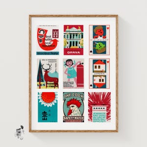 Czerwono-turkusowe etykiety na pudełka zapałek, wydruk w kratkę, plakat vintage, kolekcja międzynarodowa, styl Midcentury, szkarłatna sztuka ścienna