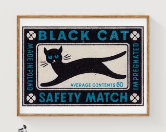 Black Cat - Matchbox Print - Czech Wall Art - Vintage Czech Art - Matchbox Wall Poster - Vintage Poster Print