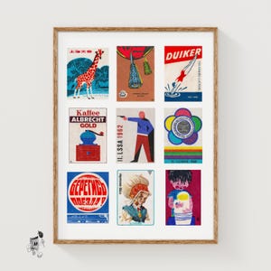 Red and Blue Matchbox Labels Grid Print, Vintage Poster, International Collection, Midcentury Style, navy blue wall art