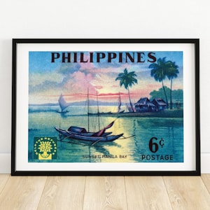 Atardecer en la bahía de Manila - Arte filipino vintage - Impresión de sello postal - Arte mural estético - Póster de sello postal - Impresión de póster vintage