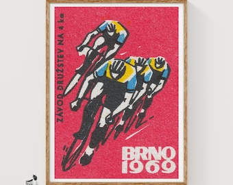 Bancyklings-VM Brno 1969 - Matchbox-tryck - Tjeckisk väggkonst - Vintage tjeckisk konst - Vintage affischtryck