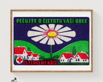 Etiqueta de caja de cerillas con margarita grande de Checoslovaquia de los años 20-30 - Lámina artística vintage / Arte popular