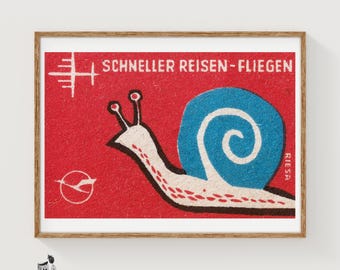 Blue Snail Matchbox Art Print, German Vintage Modernist (Playful Decor)