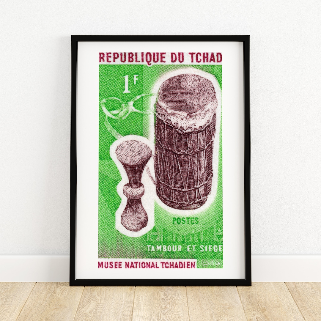 African Drums Vintage Chad Art Postage Stamp Print Aesthetic Wall Art