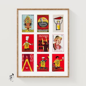 Etichette di scatole di fiammiferi rosse e gialle, stampa a griglia, poster vintage, collezione internazionale, stile Mid-Century, arte murale cremisi