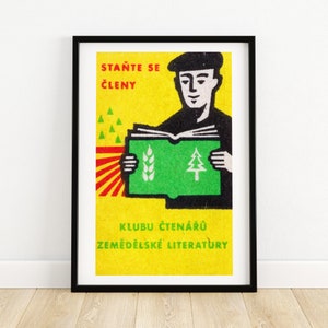 Man Reading Book - Matchbox Print - Czech Wall Art - Vintage Czech Art - Matchbox Wall Poster - Vintage Poster Print