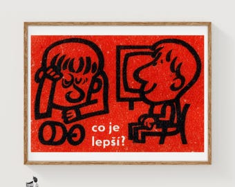 Two Cartoon Figures Matchbox Art Print, Czech Vintage Folk Art (Playful Decor)