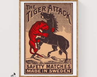 Tiger Attack Matchbox Art Print, Swedish Vintage Folk Art (Dramatic Decor)