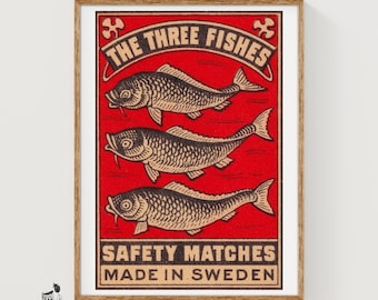 The Three Fishes - Matchbox Print - Sweden Wall Art - Vintage Sweden Art - Matchbox Wall Poster - Vintage Poster Print