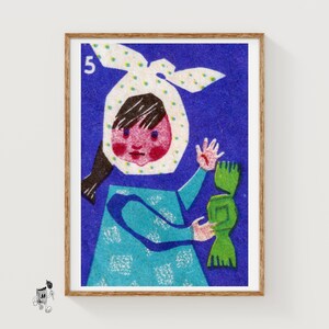 Girl with Candy Matchbox Art Print, Czech Vintage Folk Art (Playful Decor)