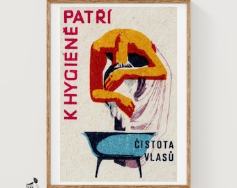 Kvinna som tvättar håret - Matchbox-tryck - Estetisk väggkonst - Vintage tjeckisk konst - Matchbox-väggposter - Vintage-affischtryck