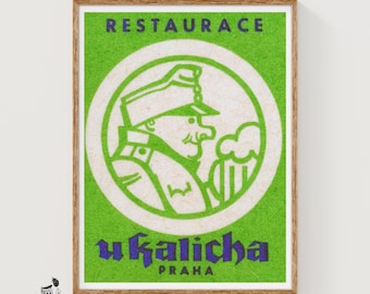May include: A rectangular print featuring a bright green background with a central white circle containing a green line drawing of a person in a military-style cap holding a beer mug. The text RESTAURACE appears above and U KALICHA PRAHA below.