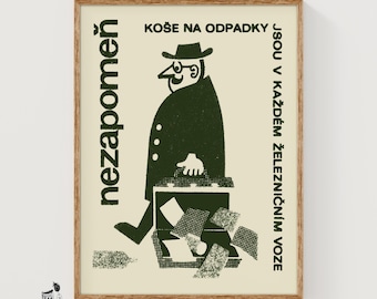 Cartoon Man with Suitcase Matchbox Art Print, Czech Vintage Folk Art (Office Decor)