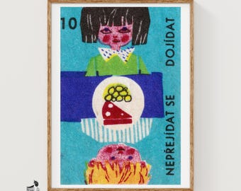 Child with Food Matchbox Art Print, Czech Vintage Folk Art (Playful Decor)
