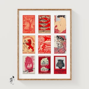 Röda och beige tändsticksasketiketter rutnätstryck, vintageposter, internationell kollektion, mid-century-stil, karmosinröd väggkonst