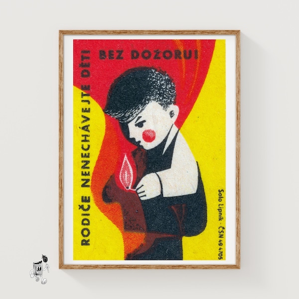 Boy with Matches Matchbox Art Print, Czech Vintage Propaganda (Child Room Decor)