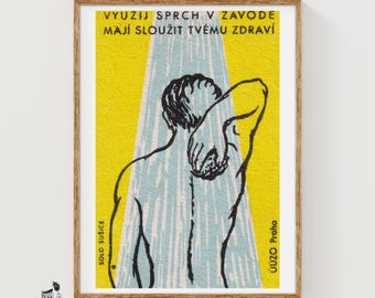 Duschen dient der Gesundheit - Streichholzschachtel Druck - Tschechische Wandkunst - Vintage Tschechische Kunst - Streichholzschachtel Wandplakat - Vintage Poster Druck