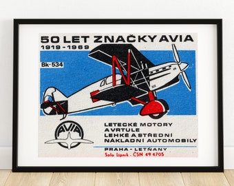 Vintage Biplane - Matchbox Print - Czech Wall Art - Vintage Czech Art - Matchbox Wall Poster - Vintage Poster Print