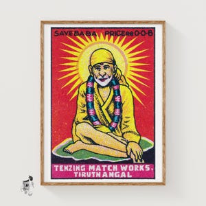 Sai Baba Yogi - Matchbox Print - India Wall Art - Vintage India Art - Matchbox Wall Poster - Vintage Poster Print