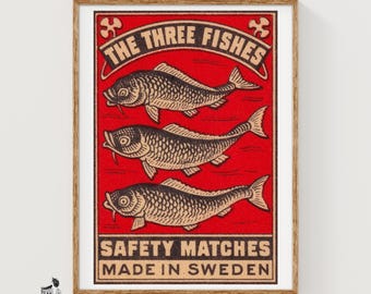 The Three Fishes - Matchbox Print - Sweden Wall Art - Vintage Sweden Art - Matchbox Wall Poster - Vintage Poster Print