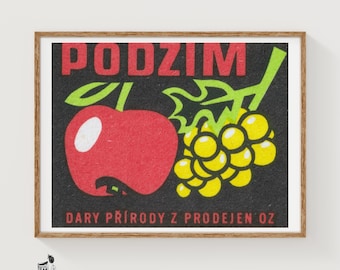 May include: A framed rectangular print featuring a black background with the red text PODZIM at the top. A large red apple and a cluster of yellow grapes with green leaves are centered. The red text DARY PŘÍRODY Z PRODEJEN OZ is at the bottom.