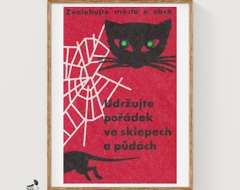Konsttryck med tändsticksask, svart katt, tjeckisk vintagemodernist (röd dekor)