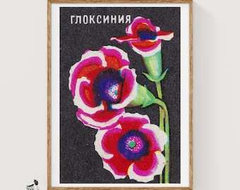Może przedstawiać: Oprawiona grafika botaniczna na ciemnym, fakturowanym tle przedstawiająca trzy żywe, czerwono-różowo-fioletowe kwiaty gloksynii z zielonymi łodygami. Cyrylicki napis "ГЛОКСИНИЯ" znajduje się w lewym górnym rogu prostokątnej grafiki.
