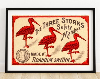 Three Storks - Matchbox Print A4 Size - Sweden Wall Art - Vintage Sweden Art - Matchbox Wall Poster - Vintage Poster Print