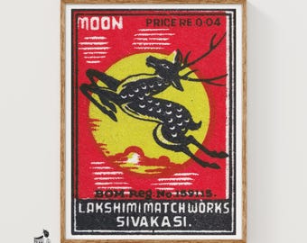 Tändsticksaskkonsttryck med hoppande hjort, indisk vintage folkkonst (lekfull dekor)