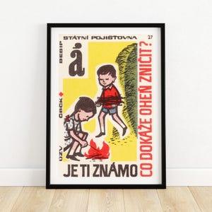 Póster infantil de seguridad contra incendios checo / Impresión de ilustración vintage / Decoración de pared moderna de mediados de siglo / Diseño gráfico coleccionable A4