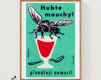 Flies Transmit Diseases - Matchbox Print - Czech Wall Art - Vintage Czech Art - Matchbox Wall Poster - Vintage Poster Print