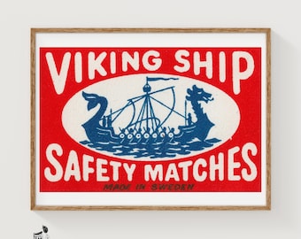 Viking Ship Matchbox Print - Vintage Swedish Wall Decor
