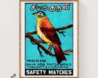 Indian Bird Matchbox Art Print, Vintage Folk Art (Colorful Wall Decor)