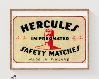 Silhouette Of Hercules Bust Finland 1920s-30s Matchbox Label - Vintage Art Print | Folk Art