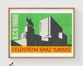 Equestrian Monument Matchbox Art Print, Czech Vintage Modernist (Living Room Decor)