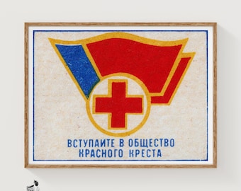 Red Cross Symbol Mid-Century Matchbox Label - Vintage Art Print | Propaganda